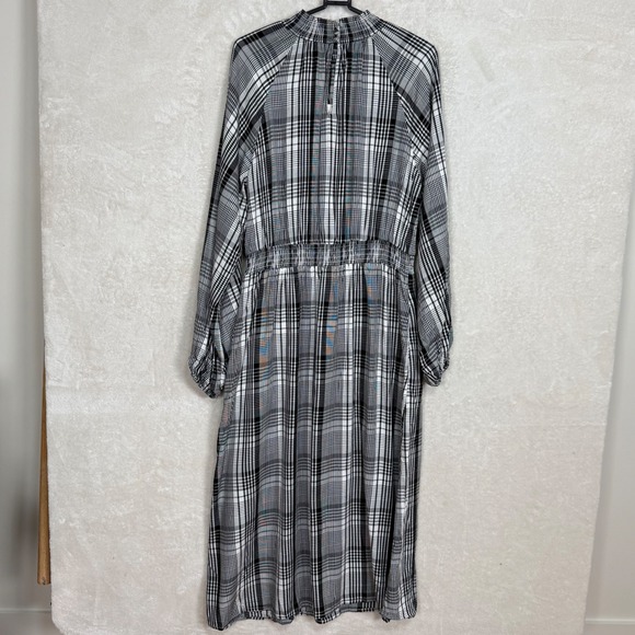 Plaid Smocked Midi Dress Black White Cottagecore Modest Long Sleeve Size M NWT - Picture 3 of 10